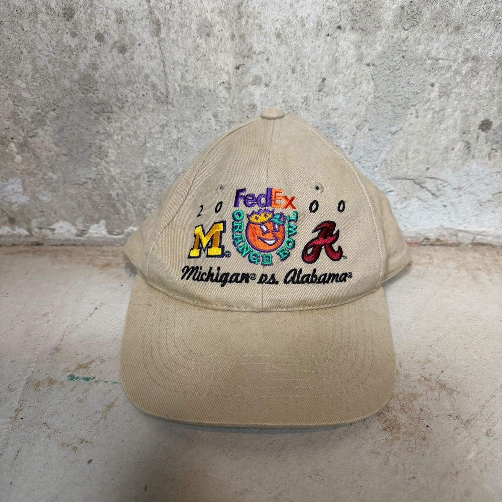 Vintage 2000 FedEx Orange Bowl Michigan vs Alabama Hat Tan Headmaster Cap Mens